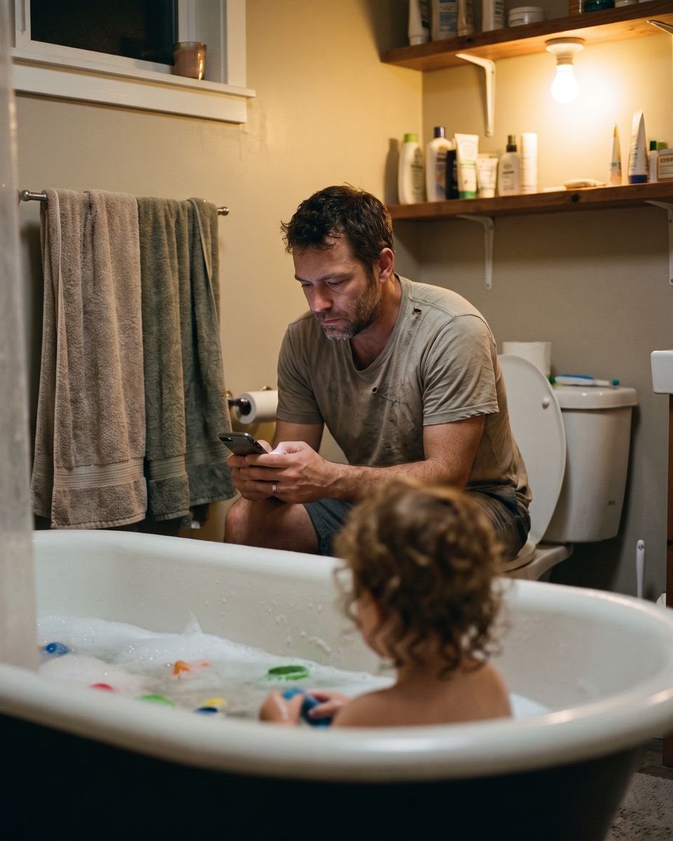 A dad on his phone while his toddler plays in the bath