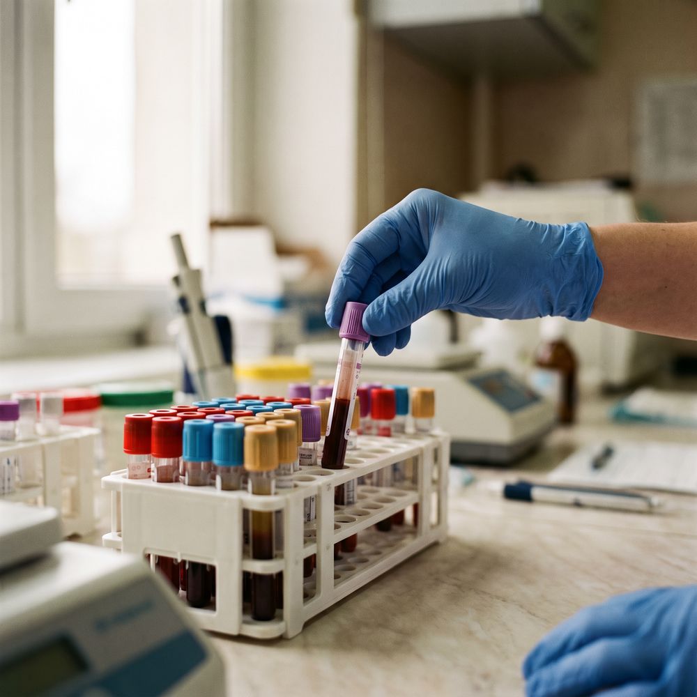 Blood collection tubes in a rack at a pathology lab