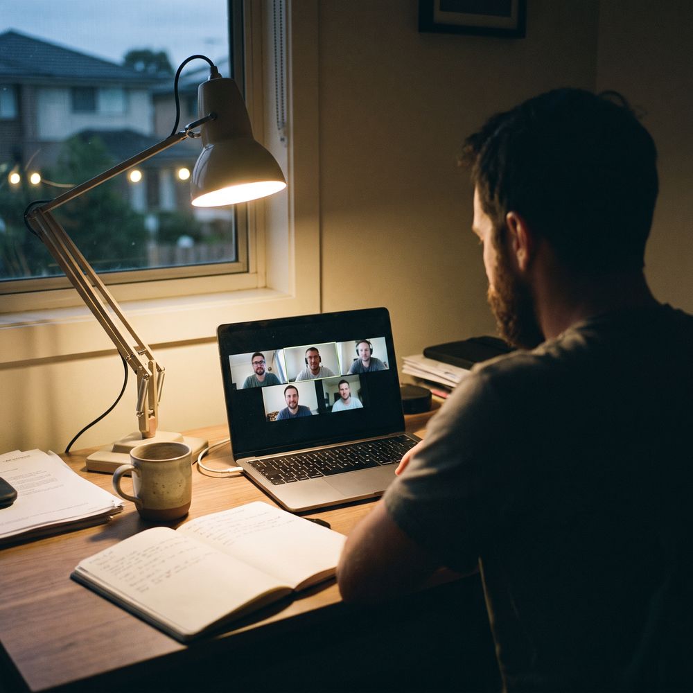 A man on a group video call at his desk