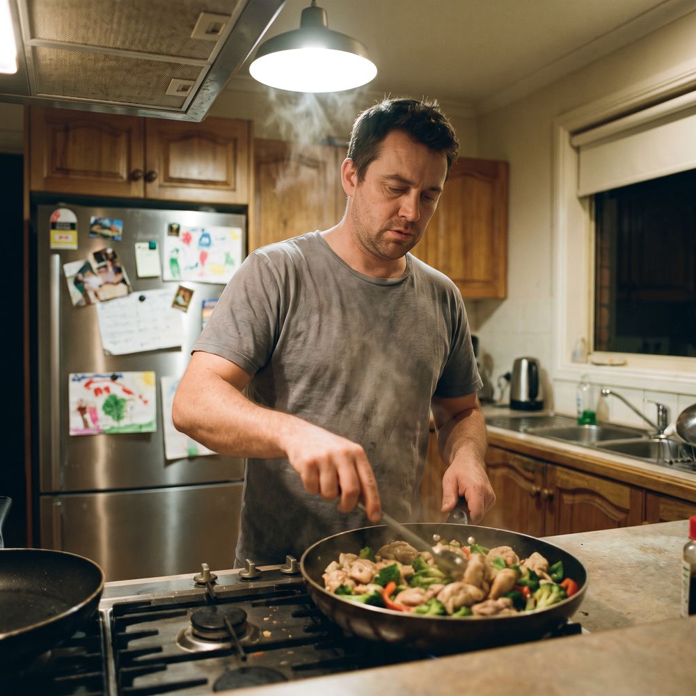 A dad cooking chicken and vegetables in the family kitchen